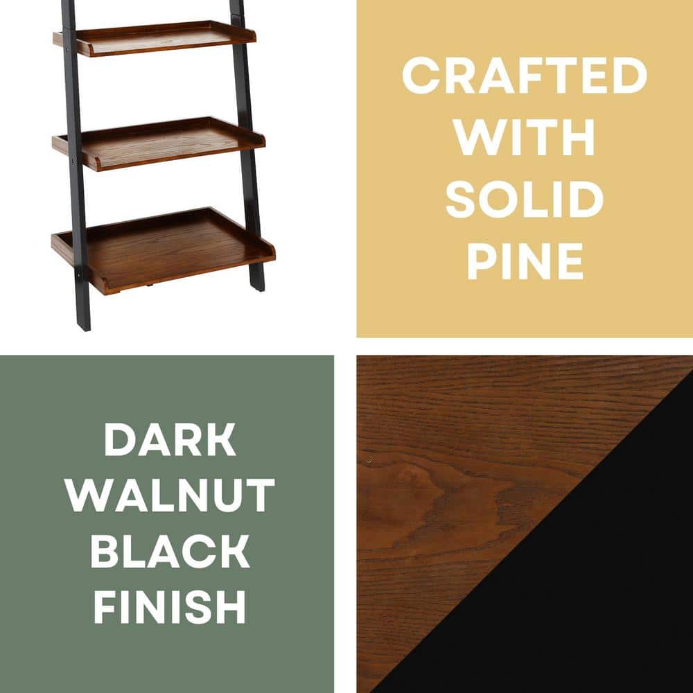 Elegant French Country 5-Shelf Ladder Bookcase in Dark Walnut and Black