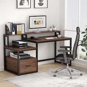 Matt 59 in. Rectangular Black Metal Brown Particle Board Wood 1 File Drawer Computer Desk with Monitor Stand and Shelf