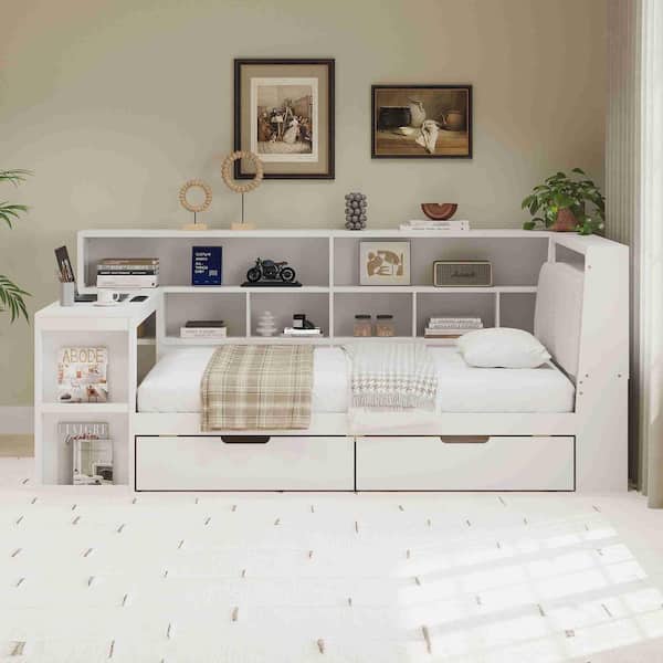 White Full Size Daybed with Desk and Storage Bookcase, Under-Bed Drawers and LED Light
