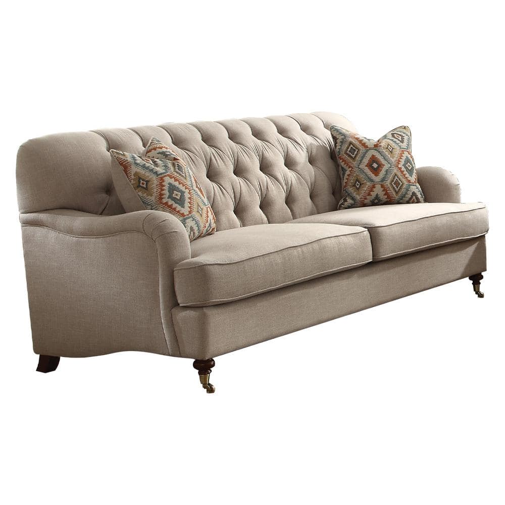 Alianza Classic Tufted Linen Reclining Sofa with Cup Holder in Beige