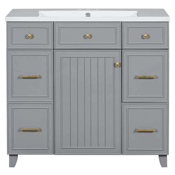 Ami 36" W Gray Freestanding White Resin Top Bathroom Vanity Cabinet With 3 Drawers