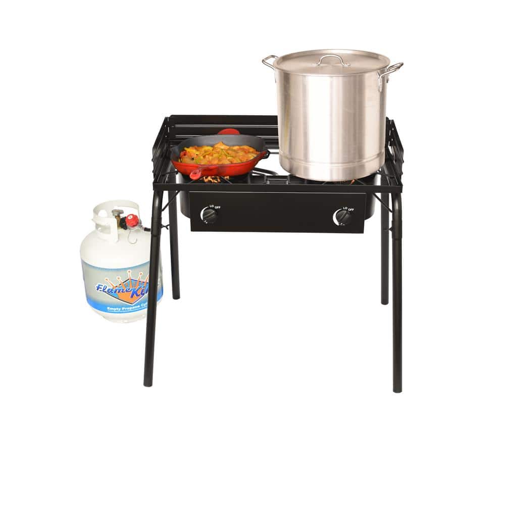 Flame King Black 2-Burner Propane Camp Stove with Windscreen