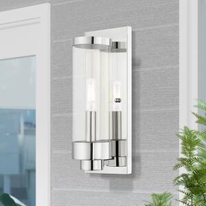 Cavanaugh 12 in. 1-Light Polished Chrome Outdoor Hardwired ADA Wall Lantern Sconce with No Bulbs Included