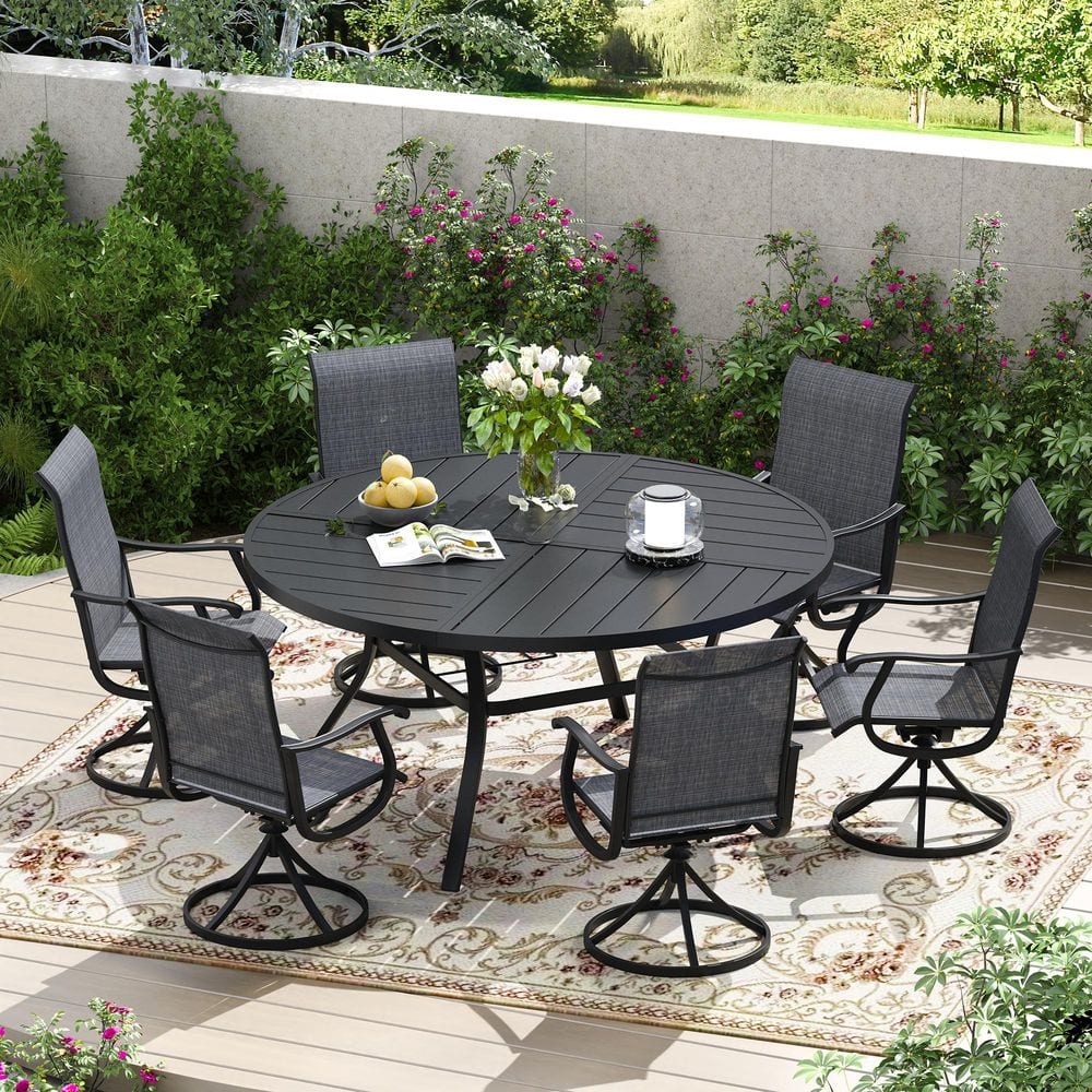 7-Piece All-Weather Metal Outdoor Patio Dining Set with 53.1 in. Black Round Table and 6 Dark Gray Swivel Chairs price history on PriceWatchPro