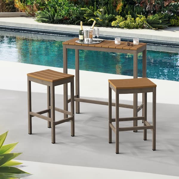 LUE BONA 3 Piece 38" Brown Outdoor Dining Table Set Aluminum Outdoor Bar Set HDPS Top With Bar Stools for Balcony