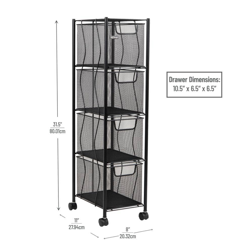 Black Metal Mesh 4-Drawer Mobile Storage Trolley
