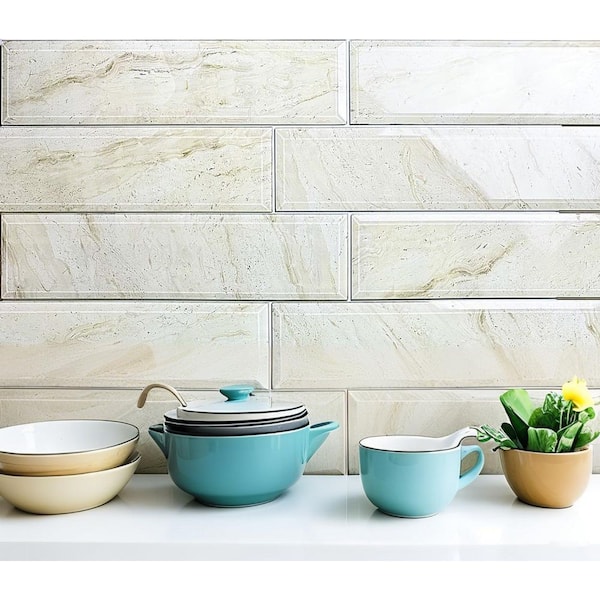 Natrue Crema Beige 4 in. x 16 in. Beveled Large Format Glossy Glass Subway Wall Tile (16 sq. ft./Case)