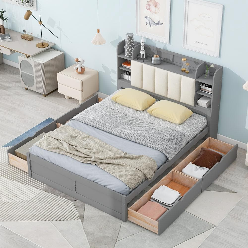 Harper & Bright Designs Gray Wood Frame Queen Size Platform Bed with  4-Drawer, Headboard including Built-in Shelves and Hidden Storage QHS221AAE  - The 