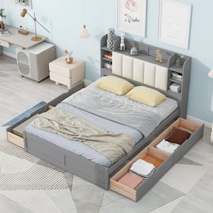 Gray Wood Frame Queen Size Platform Bed with 4-Drawer, Headboard including Built-in Shelves and Hidden Storage