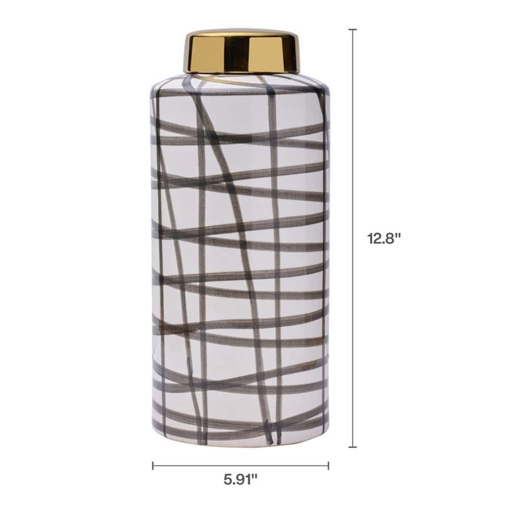 Black and White Scribble Ceramic Jar with Gold Lid