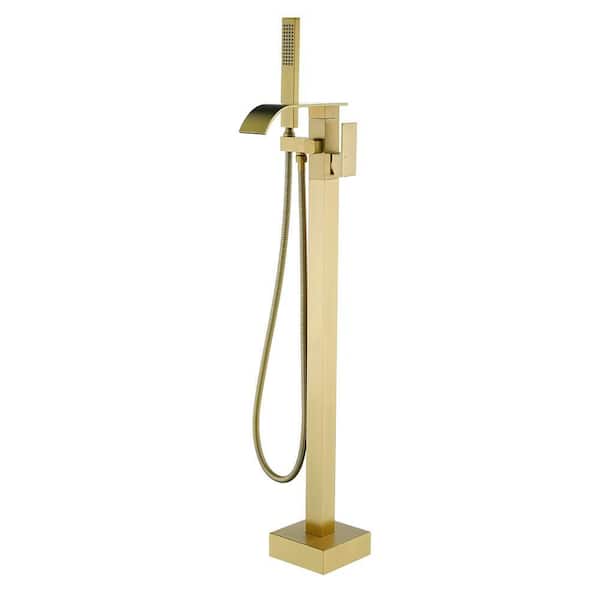 1 Handle Freestanding Floor Mount Tub Faucet with Supply Line in Brushed Gold