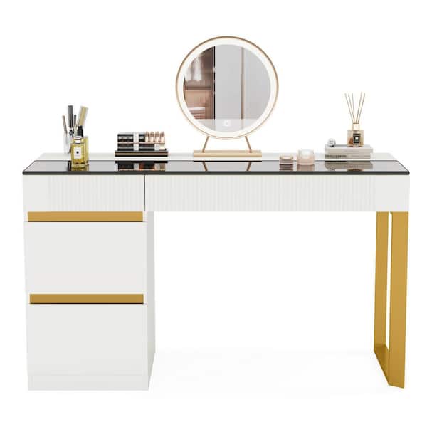 Ellie 1-Piece 47 in. Rectangular White Wood Makeup Vanity with 4-Drawer Storage and Glass Top