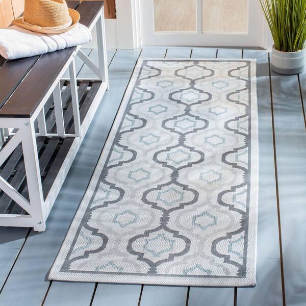 Courtyard Light Gray/Anthracite 2 ft. x 12 ft. Geometric Indoor/Outdoor Patio  Runner Rug