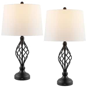 28 in. Bronze USB Table Lamp with White Linen Shade