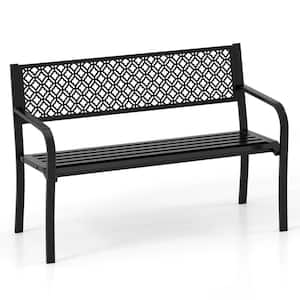 2-Person 50 Inches Black Metal Outdoor Bench with Slatted Seat