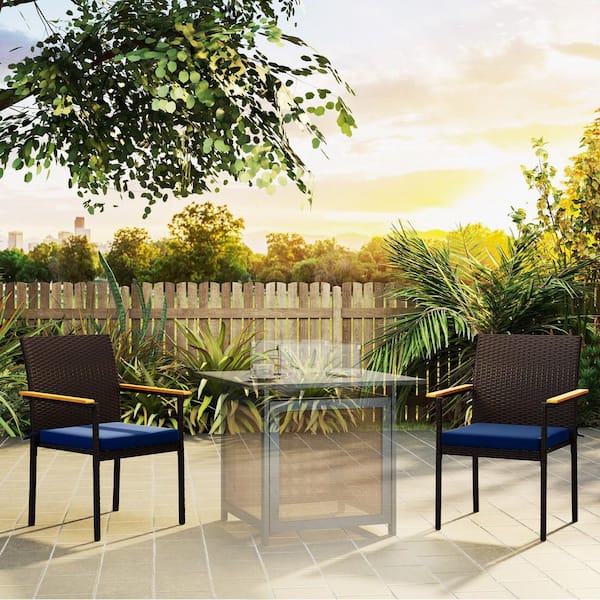 Outsunny Navy Blue Stackable Patio Wicker Outdoor Dining Chairs with (Set of 2) Cushions