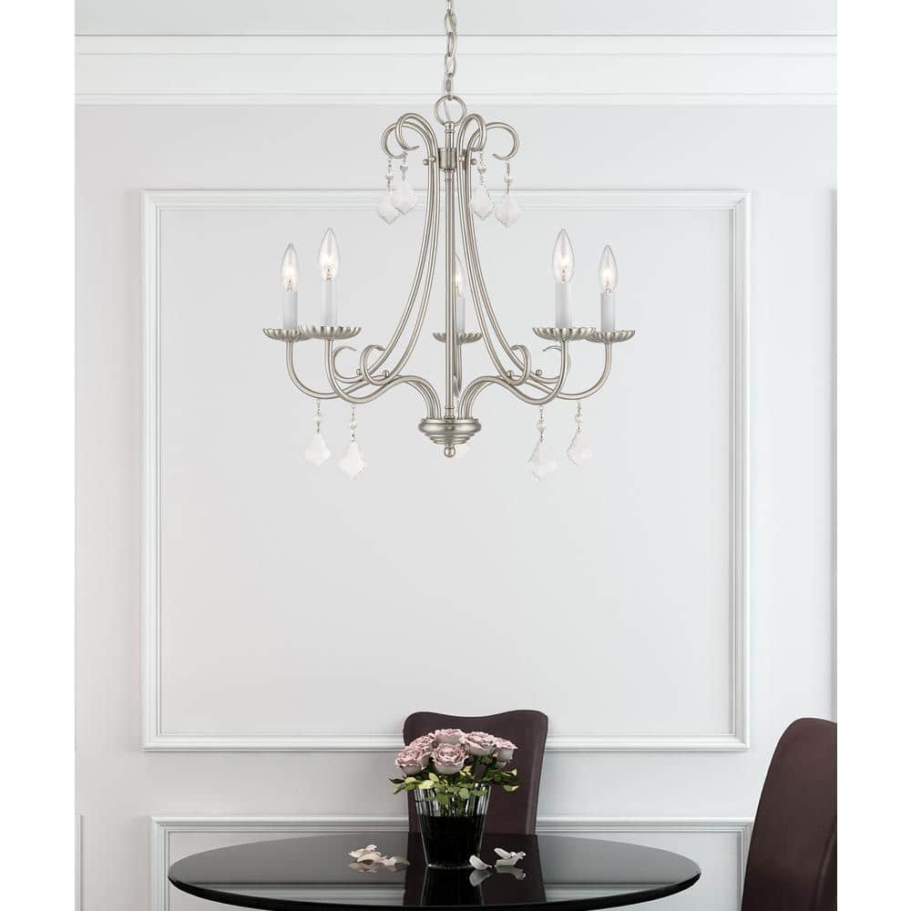 Elegant Brushed Nickel 5-Light Chandelier with Crystal Teardrops