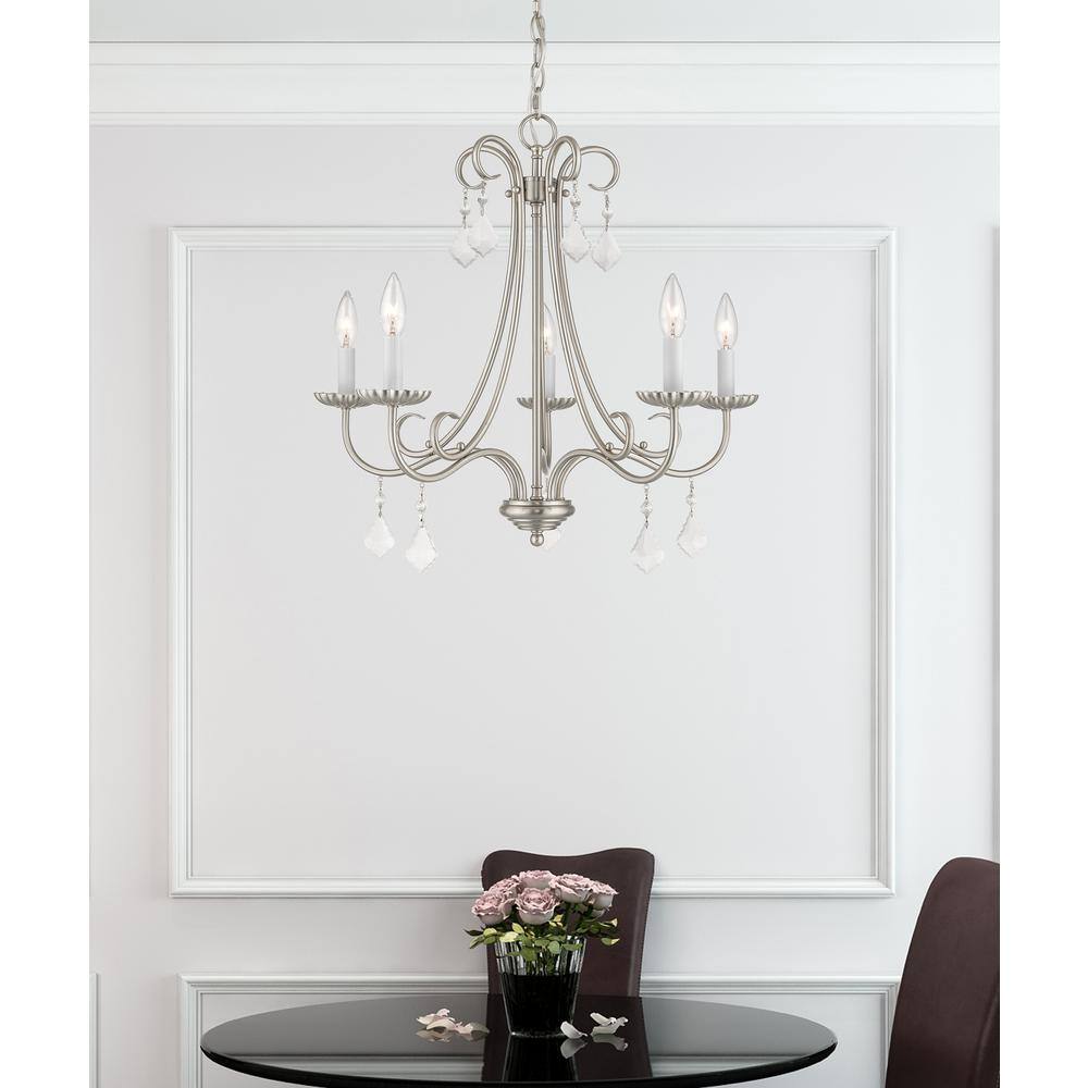 Elegant Brushed Nickel 5-Light Chandelier with Crystal Teardrops
