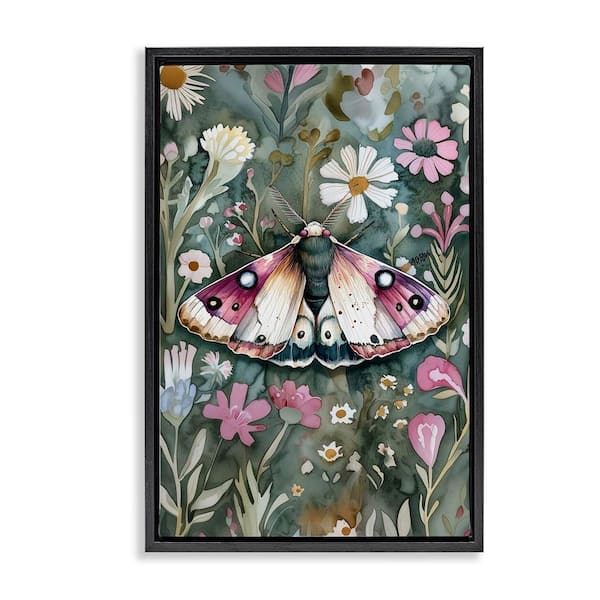 Stupell Industries Beautiful Moth over Florals by The Dutch Lady Black Floater Frame Nature Graphic Art Print 31 in. x 21 in.