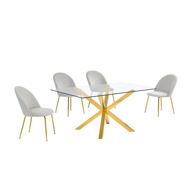 Best Quality Furniture Tom 5-Piece Rectangle Glass Top With Gold Stainless Steel Table Set, 4 Cream Velvet Chair with Nail Head Trim