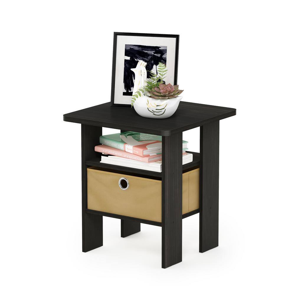 Dark Espresso Wood End Table with Fabric Drawer