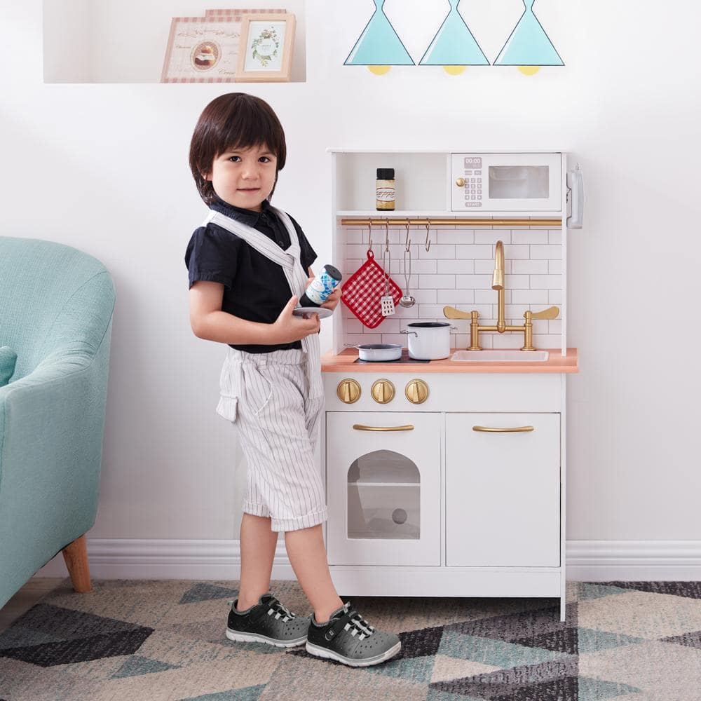 White and Gold Wooden Play Kitchen with Accessories