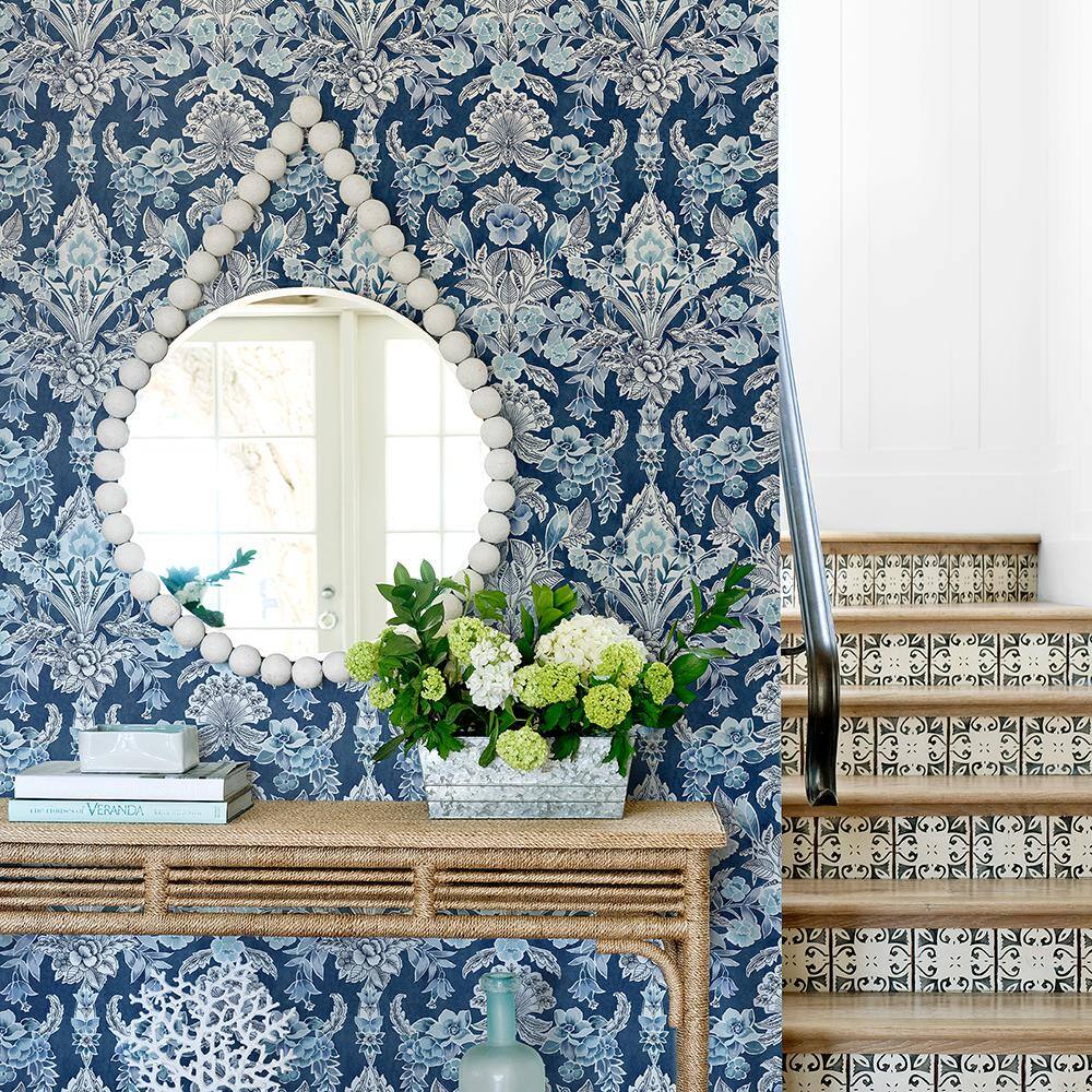 Vera Blue and Off-White Floral Damask Wallpaper