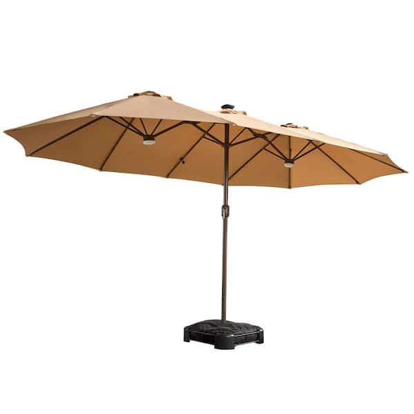 Paeonia 14.5 ft. Steel Outdoor Market Patio Umbrella Double Sided Umbrella with Base in Khaki