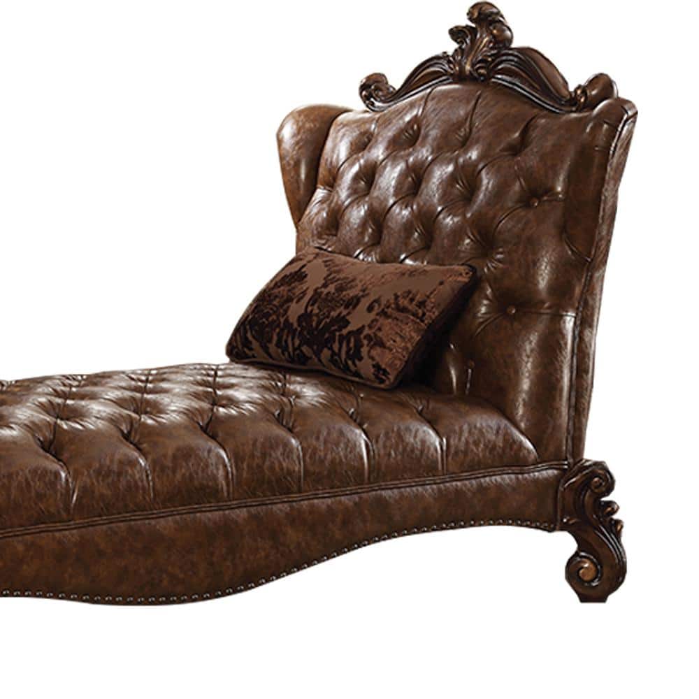 Handcrafted Brown Faux Leather Chaise with Cherry Oak Finish