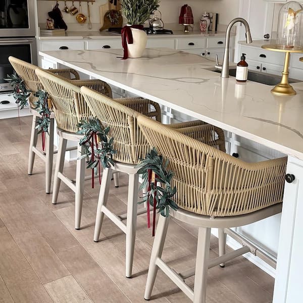 Modern Aluminum Rattan Counter Height Outdoor Bar Stool with Back and Beige Cushion (4-Pack)