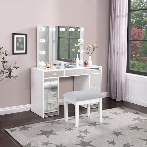 Coaster Regina 3-Piece White and Gray Makeup Vanity Set with Lighting