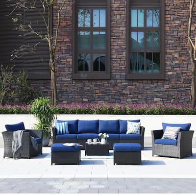 Rimaru 9-Piece Wicker Outdoor Patio Conversation Seating Set With Navy Blue Cushions