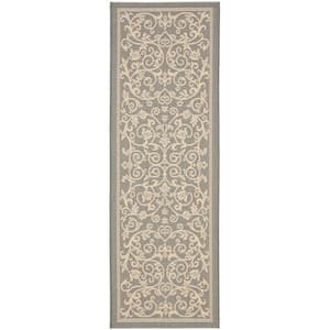 Courtyard Gray/Natural 2 ft. x 12 ft. Border Scroll Floral Indoor/Outdoor Patio  Runner Rug