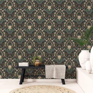 Into The Wild Black Metallic Floral Damask Non-Pasted Non-Woven Paper Wallpaper Roll