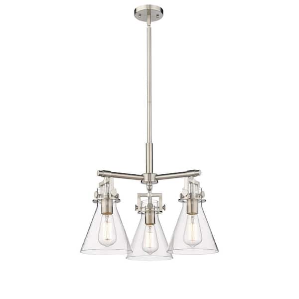 Newton Cone 100-Watt 3-Light Satin Nickel Shaded Mini Pendant Light with Clear Glass Shade
