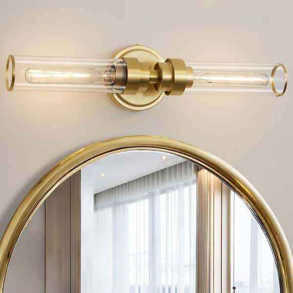 2-Light Vintage Gold Wall Sconce with Clear Glass Shade Industrial Antiqued Bathroom Vanity Light