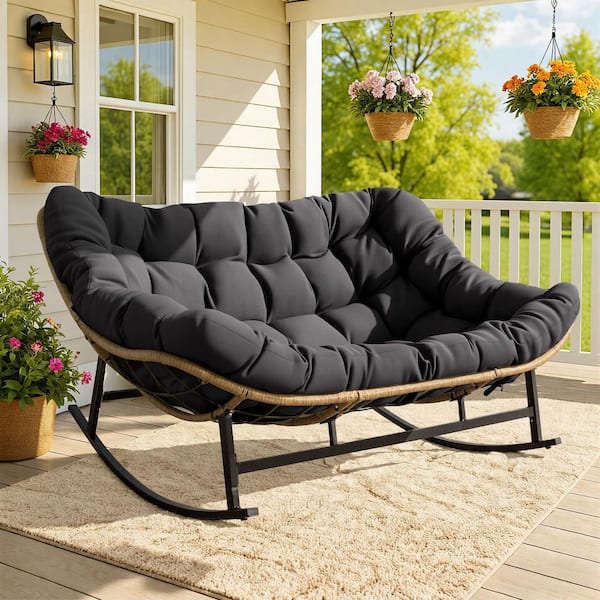 Double Wicker Outdoor Rocking Chair Loveseat, Oversized 2-Person Patio Seating with Gray Cushion, 700 lbs. Capacity