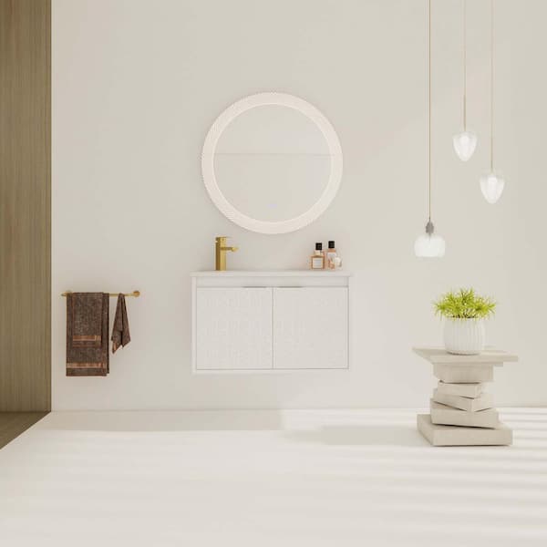 FUNKOL 29.9 in. W x 18.5 in. H White Wall-Mounted Plywood Bathroom Vanity with 1 White Resin Sink and Soft-Close Cabinet Door