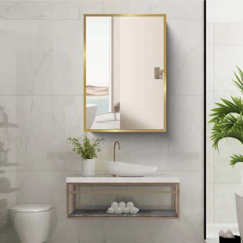 Aoibox 16 in. W x 28 in. H Rectangular Metal Medicine Cabinet with Mirror in Gold White for Bathroom