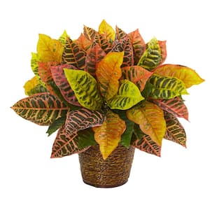 17 in. Garden Croton Artificial Plant in Basket (Real Touch)