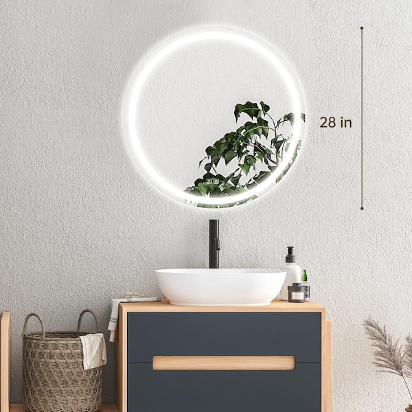 28 in. W x 28 in. H Round Frameless LED Light with 3-Color and Anti-Fog Wall Mounted Bathroom Vanity Mirror