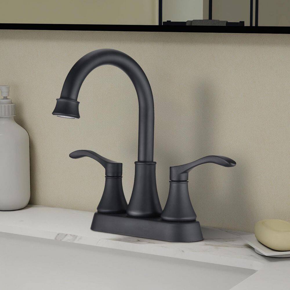 4 in. Centerset Double Handle High Arc Bathroom Faucet with 360° Swivel Spout and Pop Up Drain in Matte Black price history on PriceWatchPro