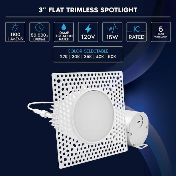 3 in. Canless Remodel LED Trimless Recessed Light 5-Color Temperatures Dimmable Spotlight Damp and IC Rated