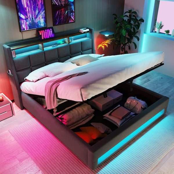 Harper & Bright Designs Gray Wood Frame Queen Upholstered Platform Bed with Hydraulic Storage, LED, Shelves, 2 USB Charging Ports and 2 Pockets