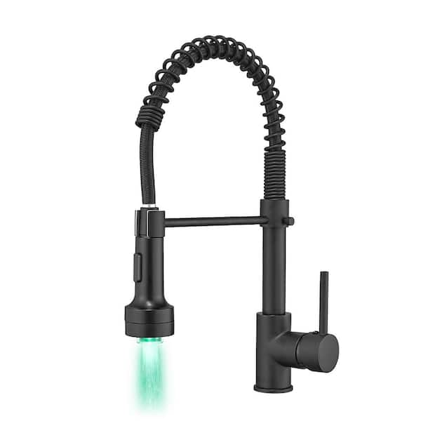 Single Handle Pull Down Sprayer Kitchen Faucet with Dual Function Sprayhead and LED Light in Matte Black