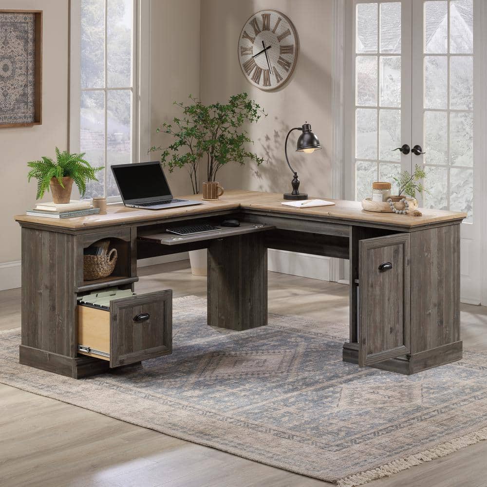 Pebble Pine L-Shaped Computer Desk with Storage and Keyboard Tray