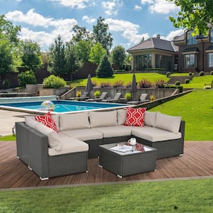 Series, Assembled Width 116.4 x 58.2in. Patio Furniture, PE Wicker, Iron Frame, With Glass Coffee Table, Umbrella Hole