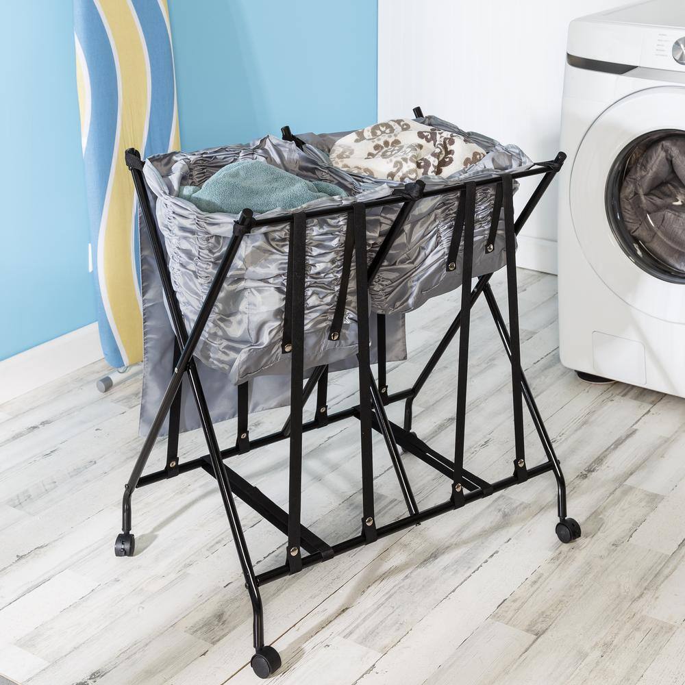 Gray and Black Collapsible Double Laundry Hamper with Wheels