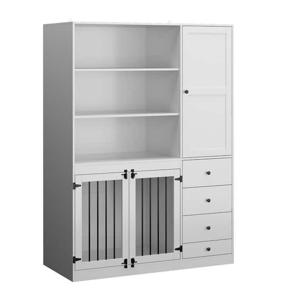 FUFU&GAGA Large Dog Crate Storage Cabinet, Wooden Heavy-Duty Dog Crate Kennel with Dog Bowl, 1-Cabinet, 3-Shelves, 4-Drawers White