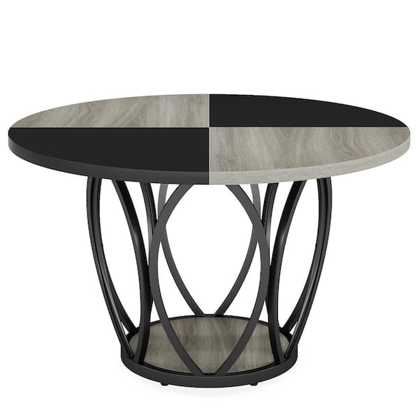 BYBLIGHT Roesler Farmhouse Gray and Black Engineered Wood 47.2 in. Pedestal Round Dining Table Seats 4